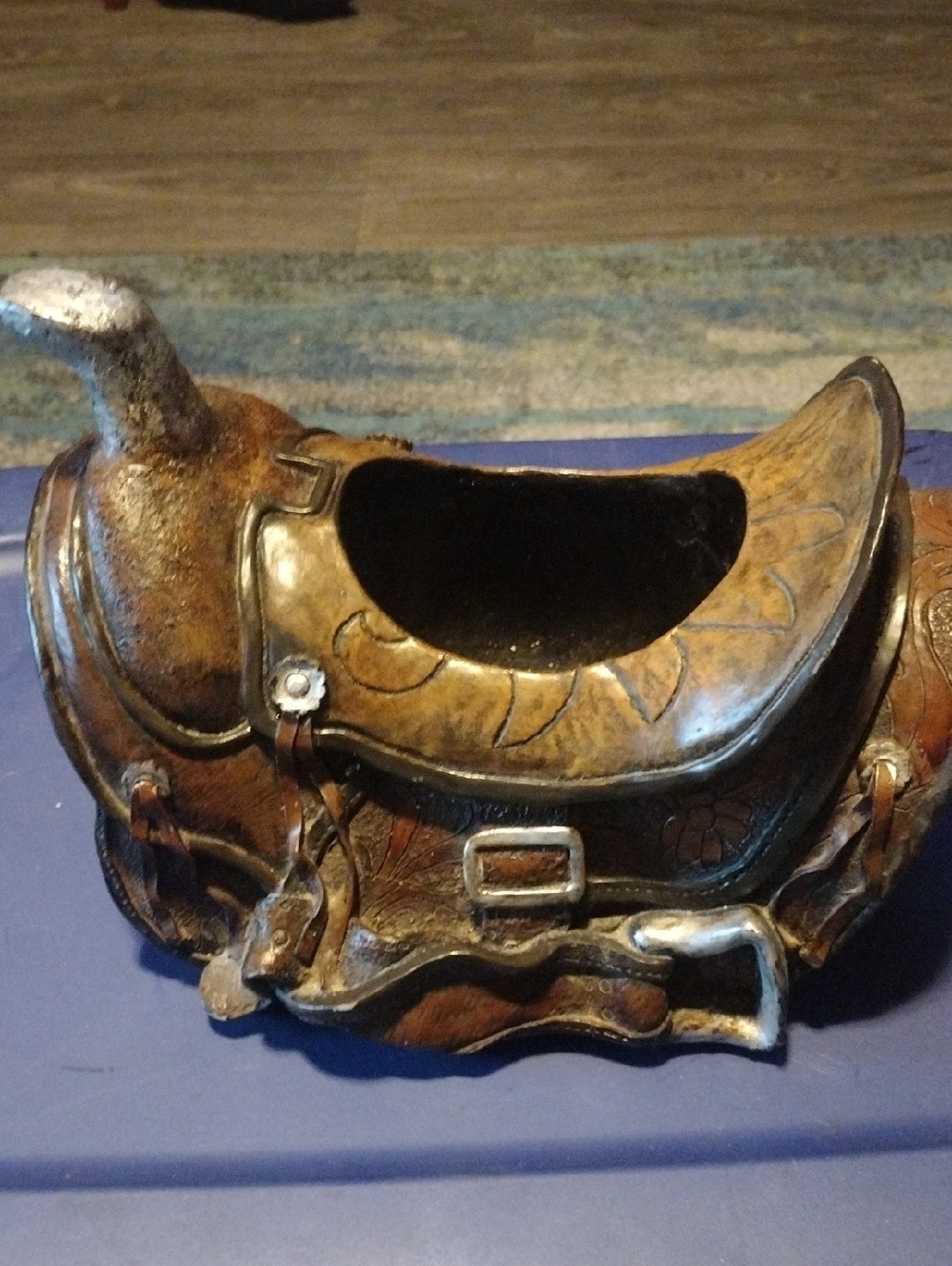 Tooled Leather Western Saddle Figurine - Brown